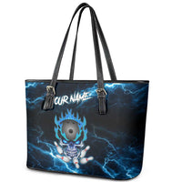 Personalized Bowling Skull Leather Tote Bag with Blue Flame Energy and Electric Lightning Strike Pattern - Wonder Print Shop