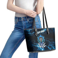 Personalized Bowling Skull Leather Tote Bag with Blue Flame Energy and Electric Lightning Strike Pattern - Wonder Print Shop