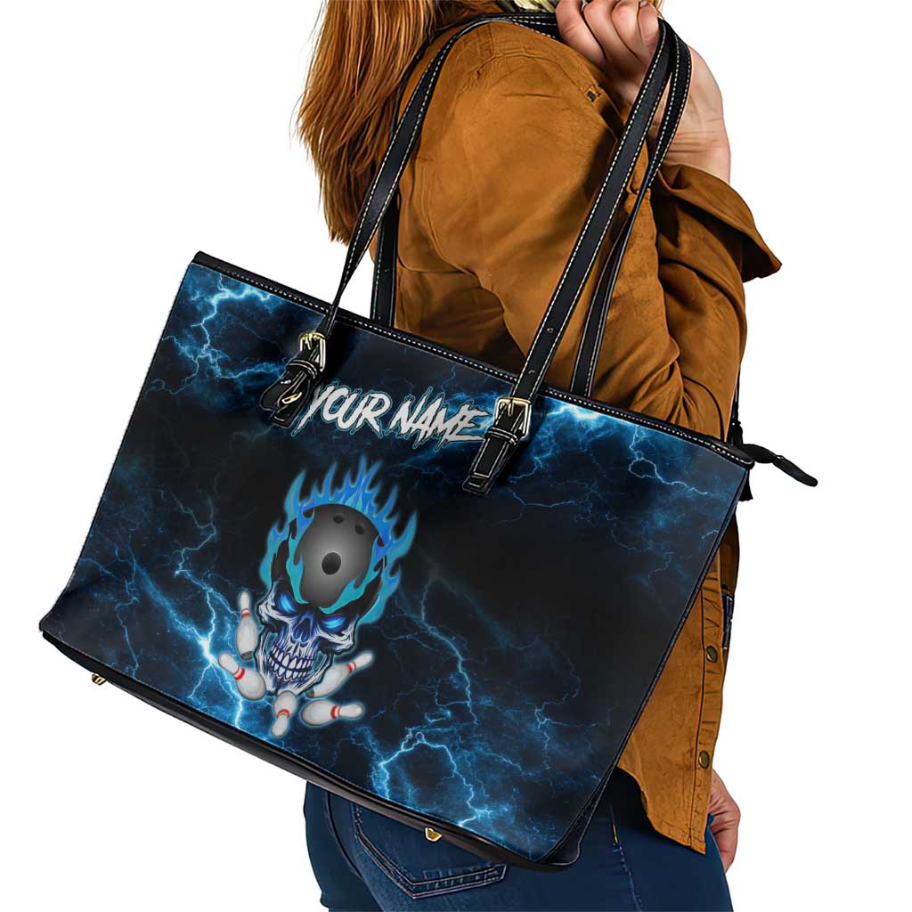Personalized Bowling Skull Leather Tote Bag with Blue Flame Energy and Electric Lightning Strike Pattern - Wonder Print Shop