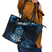 Personalized Bowling Skull Leather Tote Bag with Blue Flame Energy and Electric Lightning Strike Pattern - Wonder Print Shop