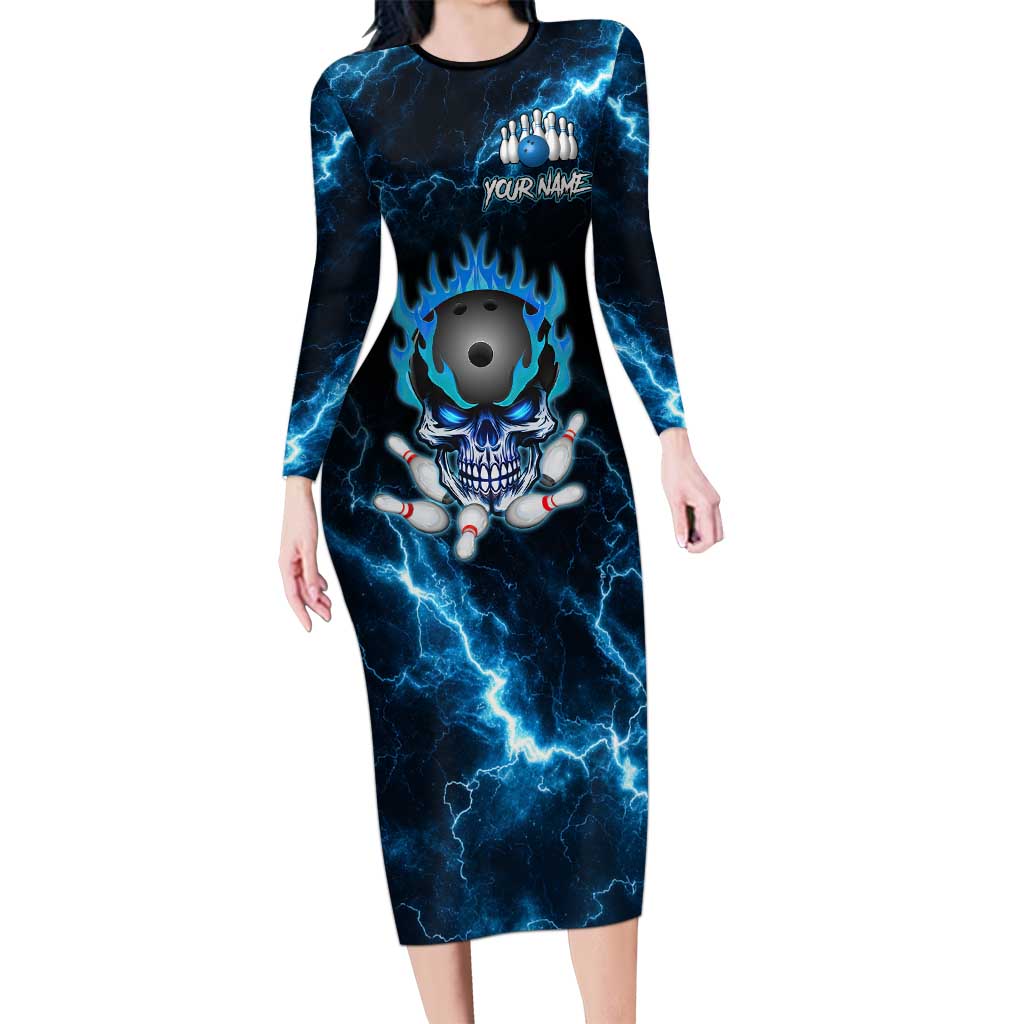 Personalized Bowling Skull Long Sleeve Bodycon Dress with Blue Flame Energy and Electric Lightning Strike Pattern - Wonder Print Shop