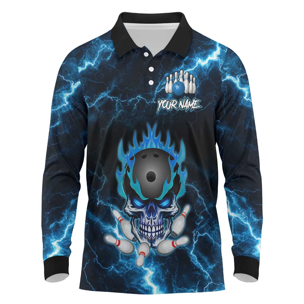 Personalized Bowling Skull Long Sleeve Polo Shirt with Blue Flame Energy and Electric Lightning Strike Pattern - Wonder Print Shop