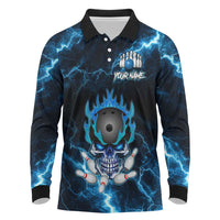 Personalized Bowling Skull Long Sleeve Polo Shirt with Blue Flame Energy and Electric Lightning Strike Pattern - Wonder Print Shop