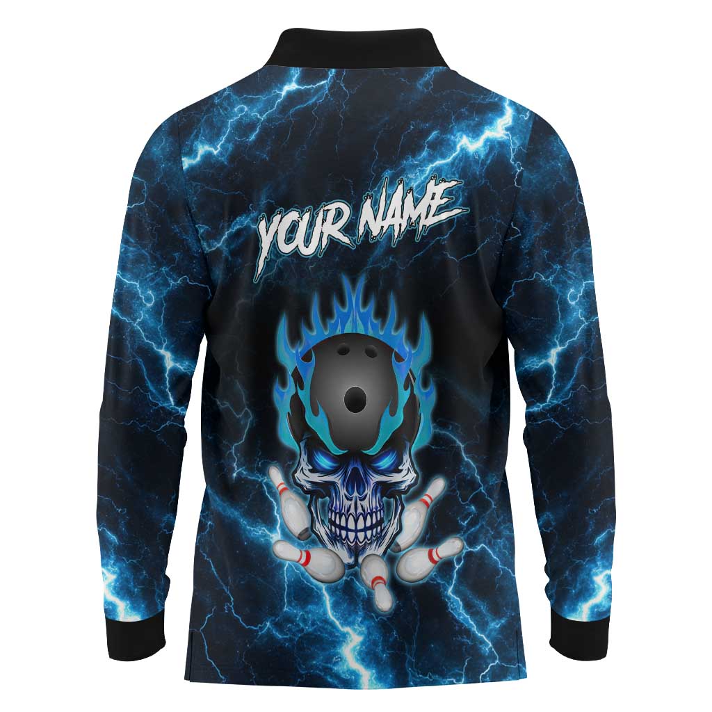 Personalized Bowling Skull Long Sleeve Polo Shirt with Blue Flame Energy and Electric Lightning Strike Pattern - Wonder Print Shop