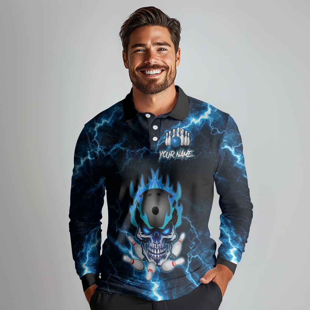 Personalized Bowling Skull Long Sleeve Polo Shirt with Blue Flame Energy and Electric Lightning Strike Pattern - Wonder Print Shop