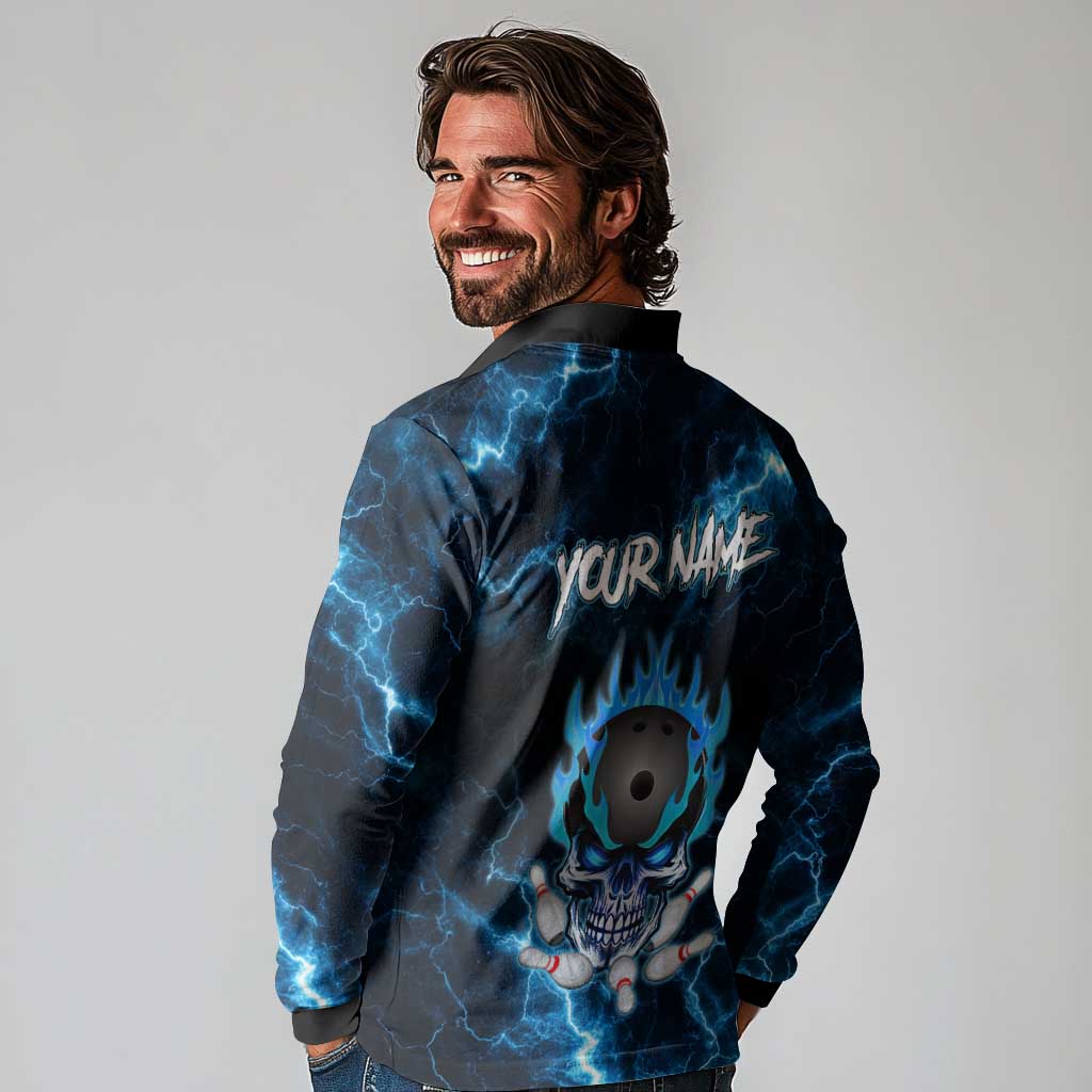 Personalized Bowling Skull Long Sleeve Polo Shirt with Blue Flame Energy and Electric Lightning Strike Pattern - Wonder Print Shop