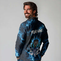 Personalized Bowling Skull Long Sleeve Polo Shirt with Blue Flame Energy and Electric Lightning Strike Pattern - Wonder Print Shop