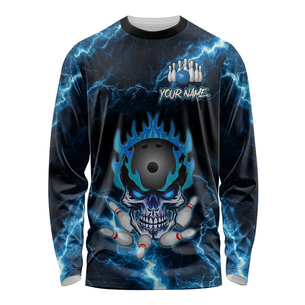 Personalized Bowling Skull Long Sleeve Shirt with Blue Flame Energy and Electric Lightning Strike Pattern - Wonder Print Shop