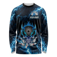 Personalized Bowling Skull Long Sleeve Shirt with Blue Flame Energy and Electric Lightning Strike Pattern - Wonder Print Shop