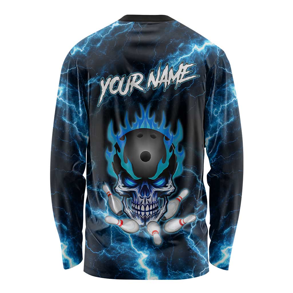 Personalized Bowling Skull Long Sleeve Shirt with Blue Flame Energy and Electric Lightning Strike Pattern - Wonder Print Shop