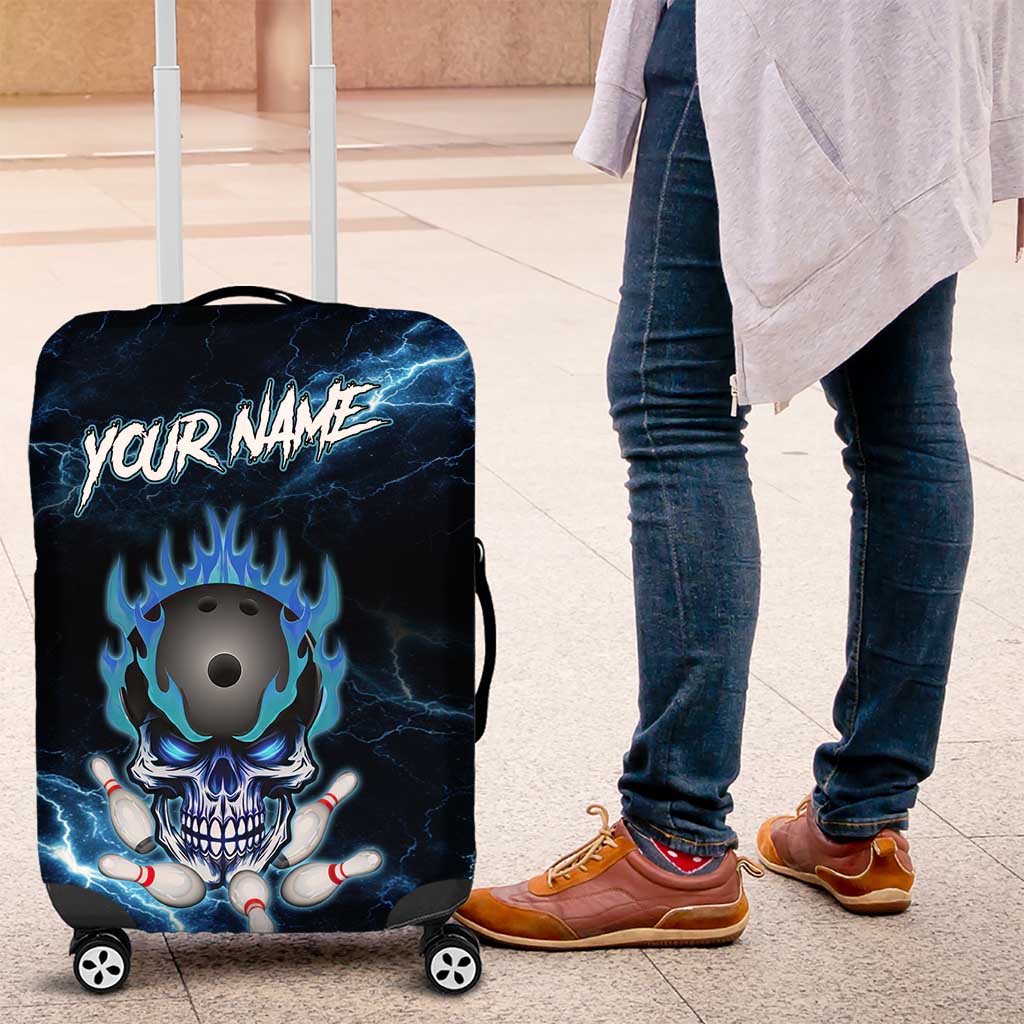 Personalized Bowling Skull Luggage Cover with Blue Flame Energy and Electric Lightning Strike Pattern - Wonder Print Shop