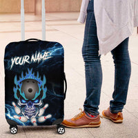 Personalized Bowling Skull Luggage Cover with Blue Flame Energy and Electric Lightning Strike Pattern - Wonder Print Shop