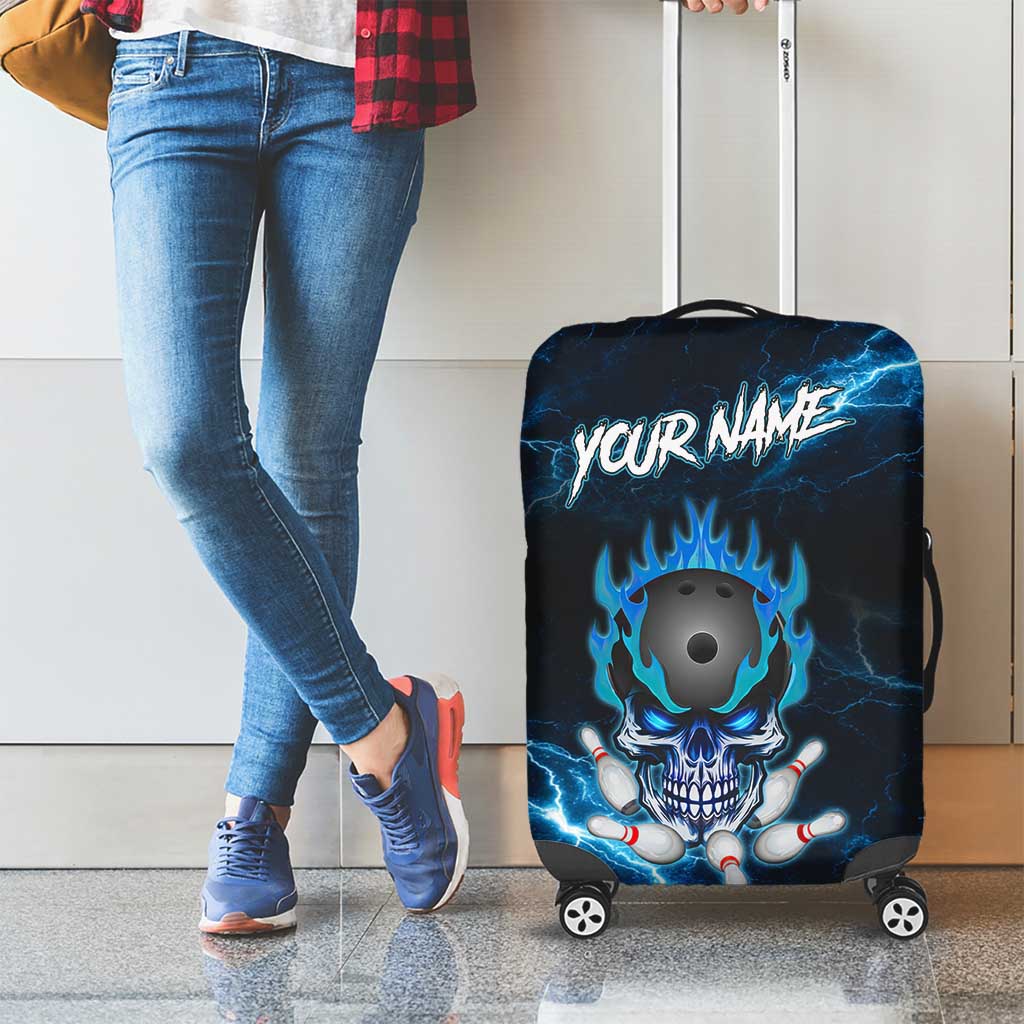 Personalized Bowling Skull Luggage Cover with Blue Flame Energy and Electric Lightning Strike Pattern - Wonder Print Shop