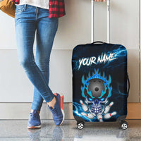 Personalized Bowling Skull Luggage Cover with Blue Flame Energy and Electric Lightning Strike Pattern - Wonder Print Shop