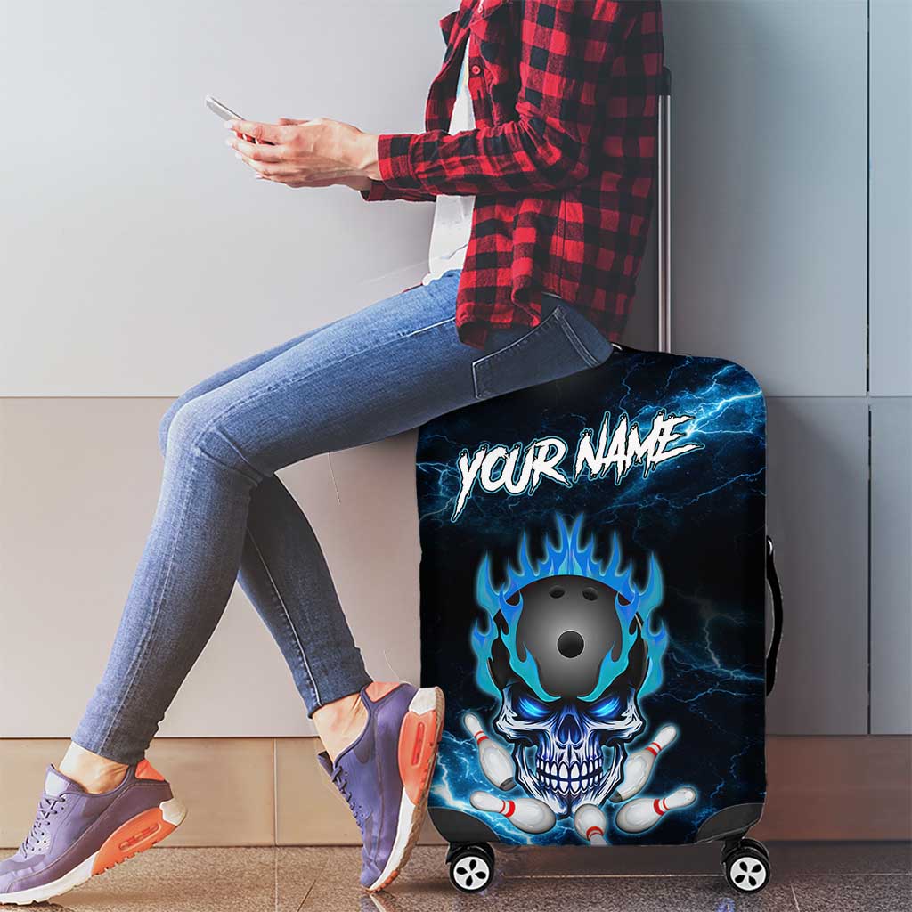 Personalized Bowling Skull Luggage Cover with Blue Flame Energy and Electric Lightning Strike Pattern - Wonder Print Shop