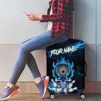 Personalized Bowling Skull Luggage Cover with Blue Flame Energy and Electric Lightning Strike Pattern - Wonder Print Shop