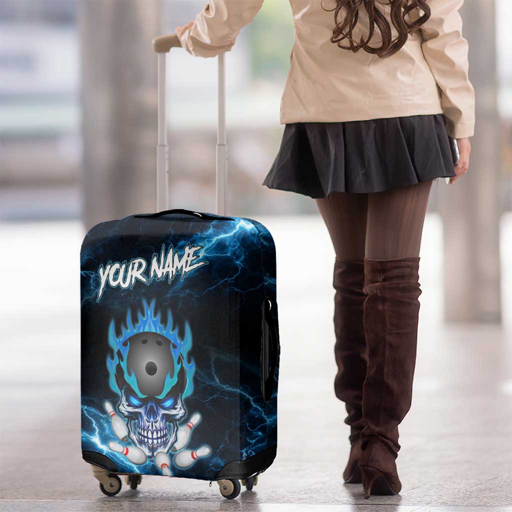 Personalized Bowling Skull Luggage Cover with Blue Flame Energy and Electric Lightning Strike Pattern - Wonder Print Shop