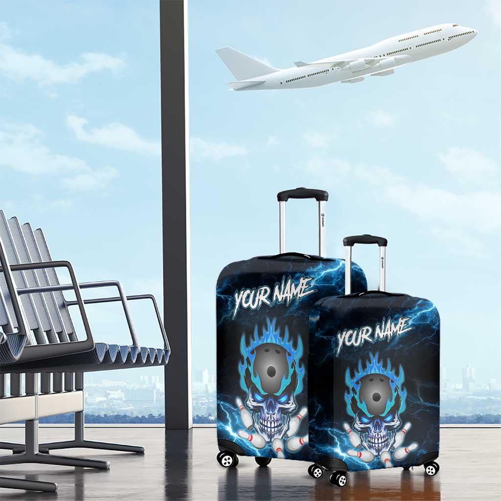 Personalized Bowling Skull Luggage Cover with Blue Flame Energy and Electric Lightning Strike Pattern - Wonder Print Shop