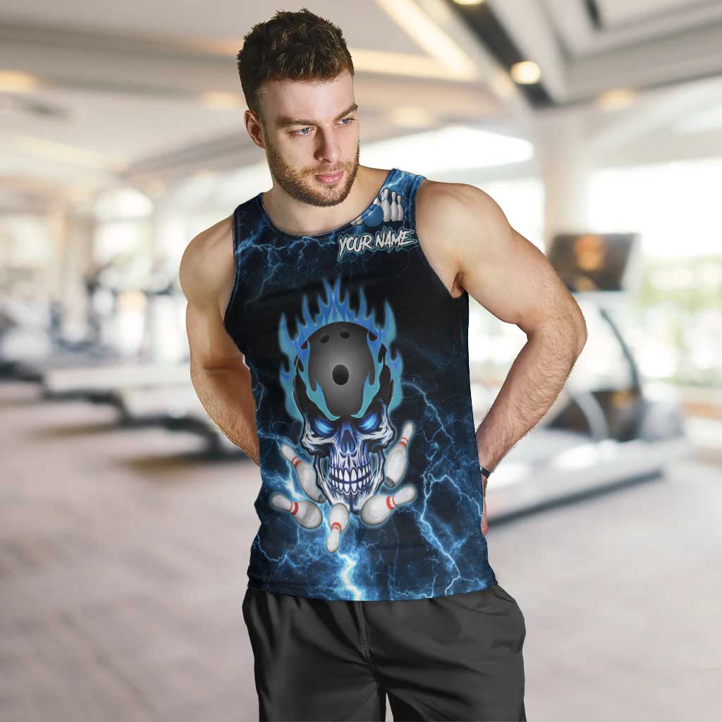 Personalized Bowling Skull Men Tank Top with Blue Flame Energy and Electric Lightning Strike Pattern - Wonder Print Shop