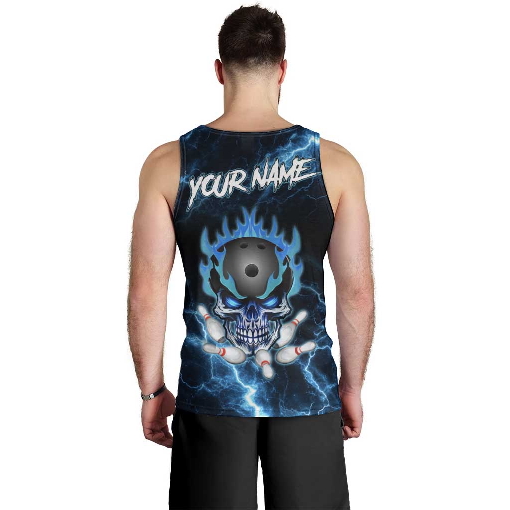 Personalized Bowling Skull Men Tank Top with Blue Flame Energy and Electric Lightning Strike Pattern - Wonder Print Shop