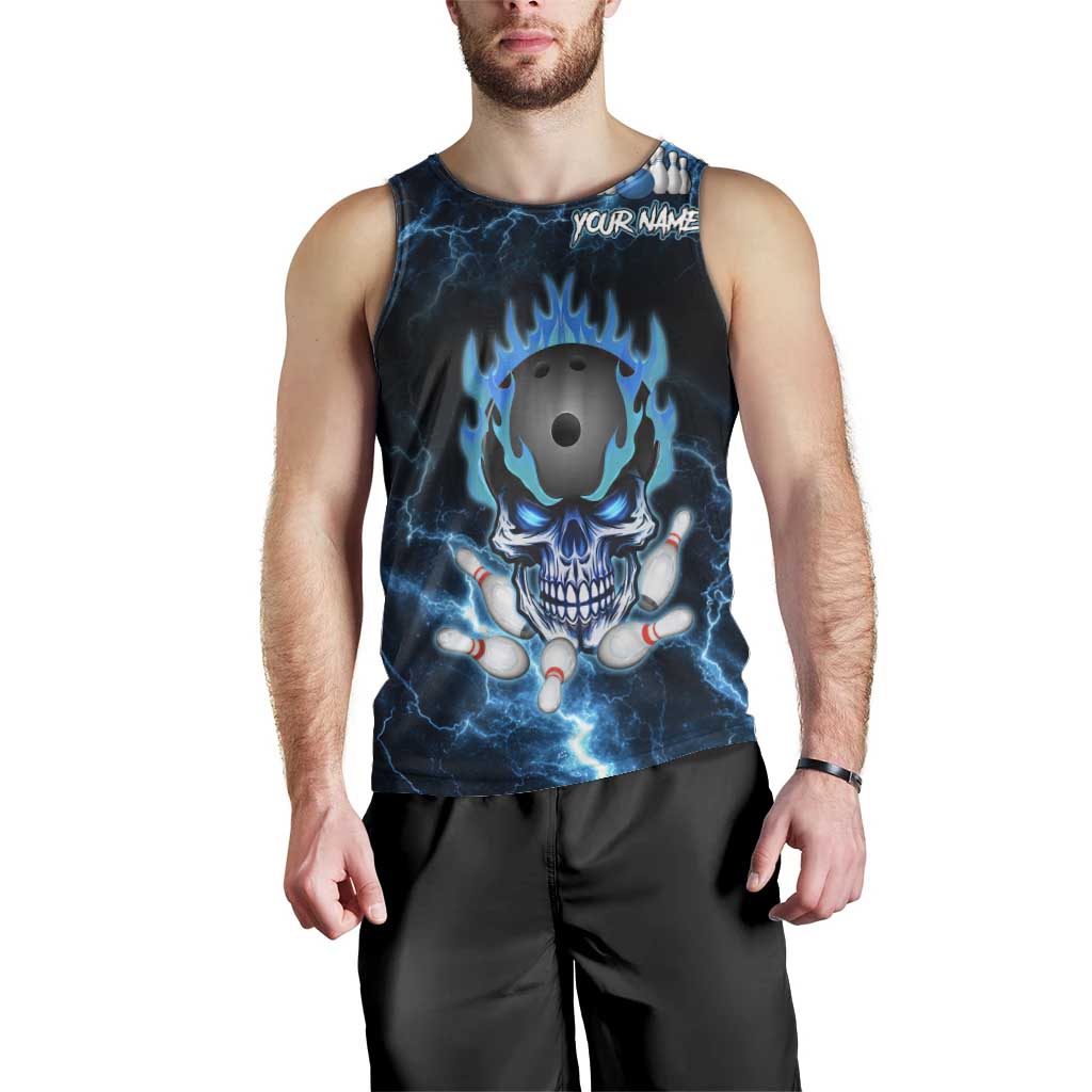 Personalized Bowling Skull Men Tank Top with Blue Flame Energy and Electric Lightning Strike Pattern - Wonder Print Shop