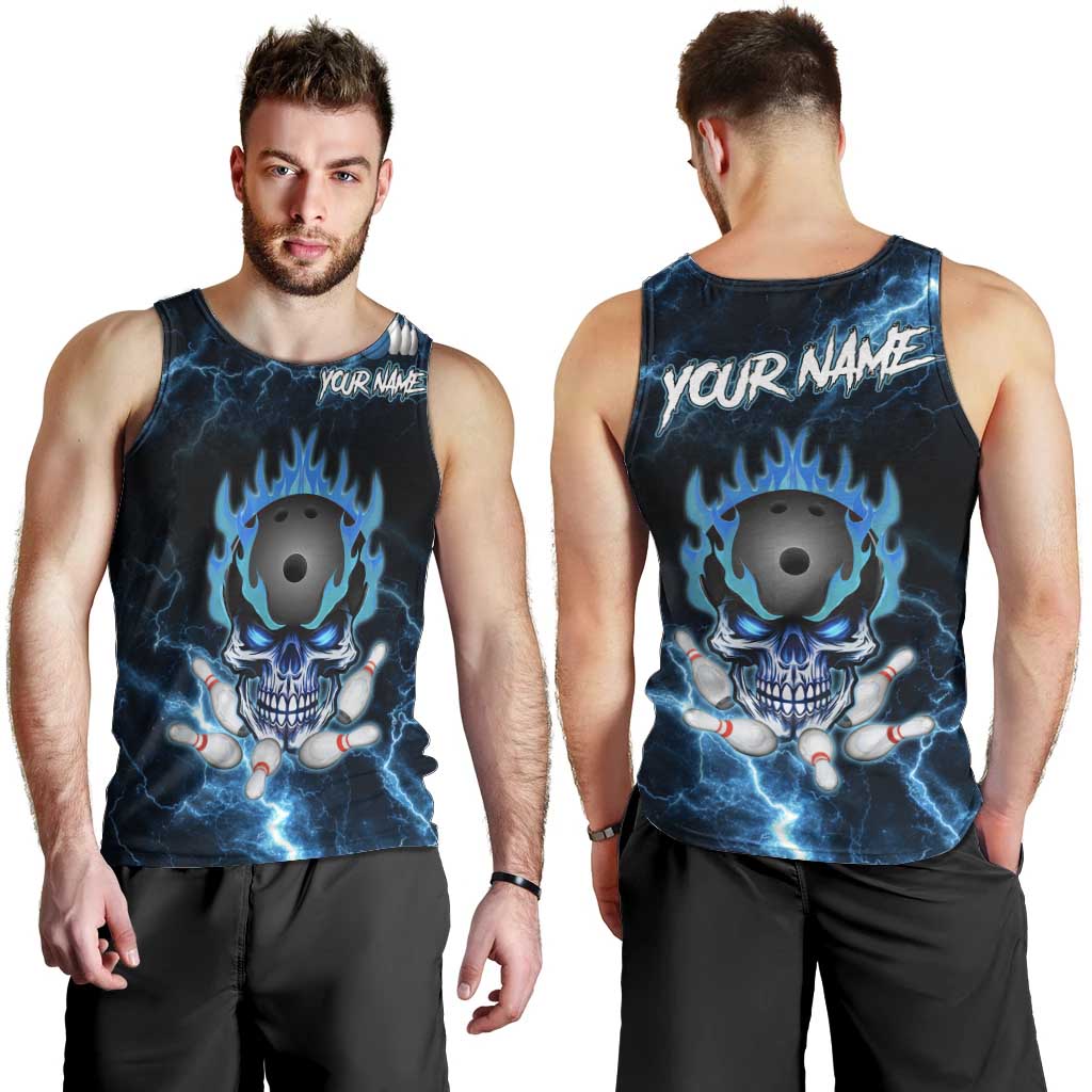 Personalized Bowling Skull Men Tank Top with Blue Flame Energy and Electric Lightning Strike Pattern - Wonder Print Shop