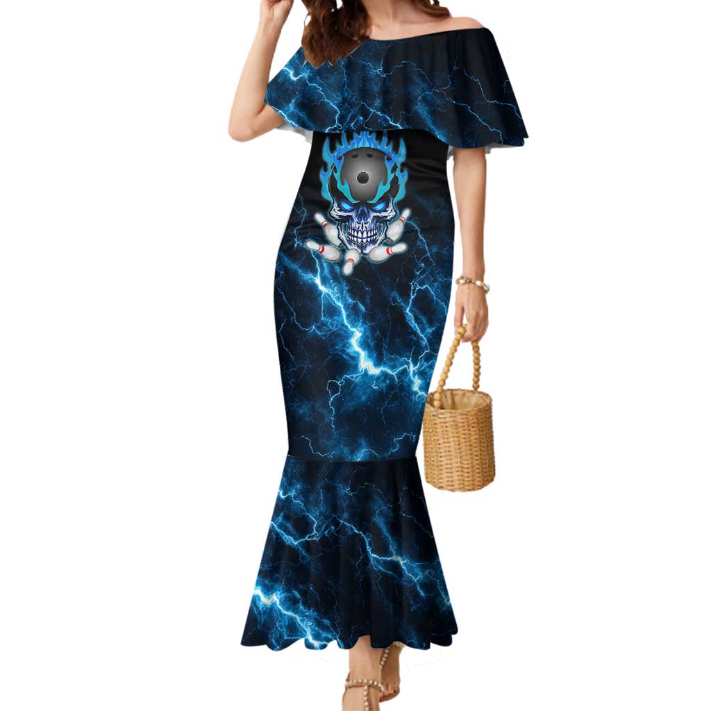 Personalized Bowling Skull Mermaid Dress with Blue Flame Energy and Electric Lightning Strike Pattern - Wonder Print Shop