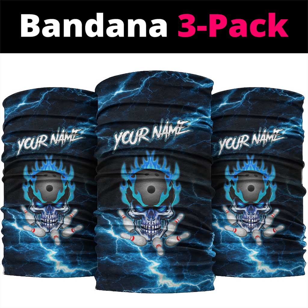 Personalized Bowling Skull Neck Gaiter with Blue Flame Energy and Electric Lightning Strike Pattern - Wonder Print Shop