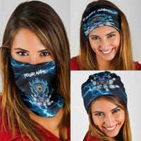 Personalized Bowling Skull Neck Gaiter with Blue Flame Energy and Electric Lightning Strike Pattern - Wonder Print Shop
