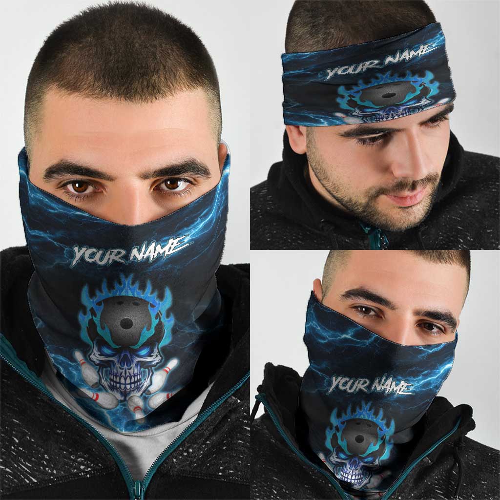 Personalized Bowling Skull Neck Gaiter with Blue Flame Energy and Electric Lightning Strike Pattern - Wonder Print Shop