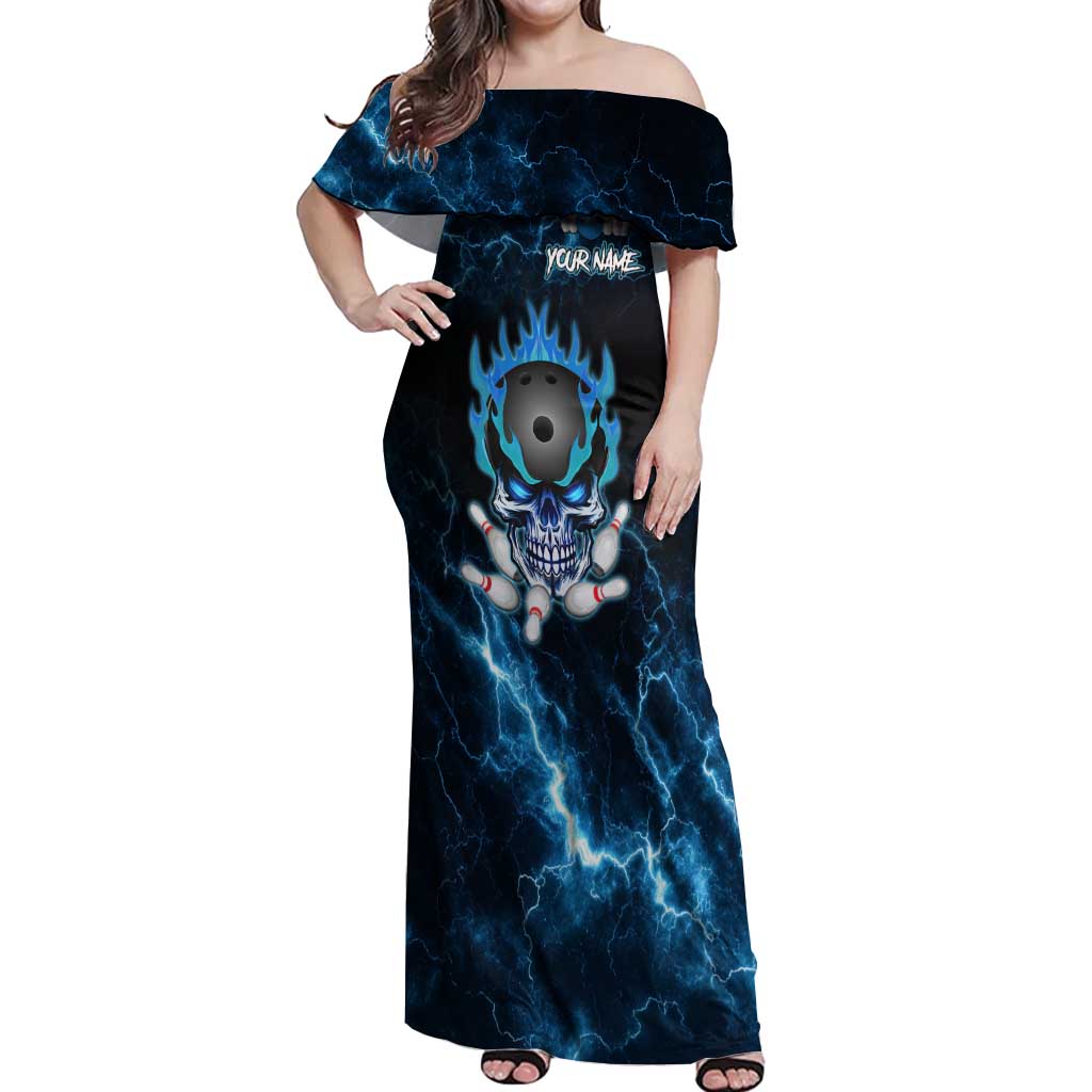 Personalized Bowling Skull Off Shoulder Maxi Dress with Blue Flame Energy and Electric Lightning Strike Pattern - Wonder Print Shop