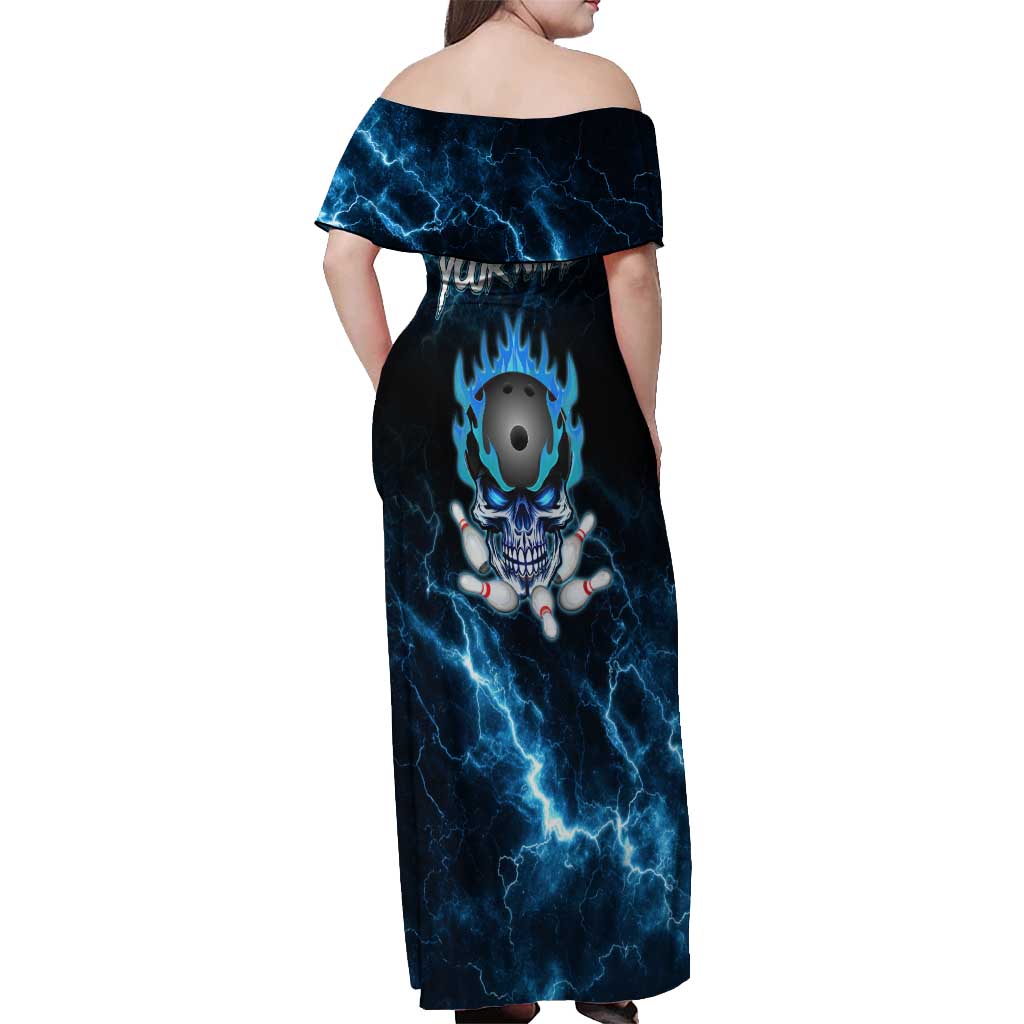 Personalized Bowling Skull Off Shoulder Maxi Dress with Blue Flame Energy and Electric Lightning Strike Pattern - Wonder Print Shop