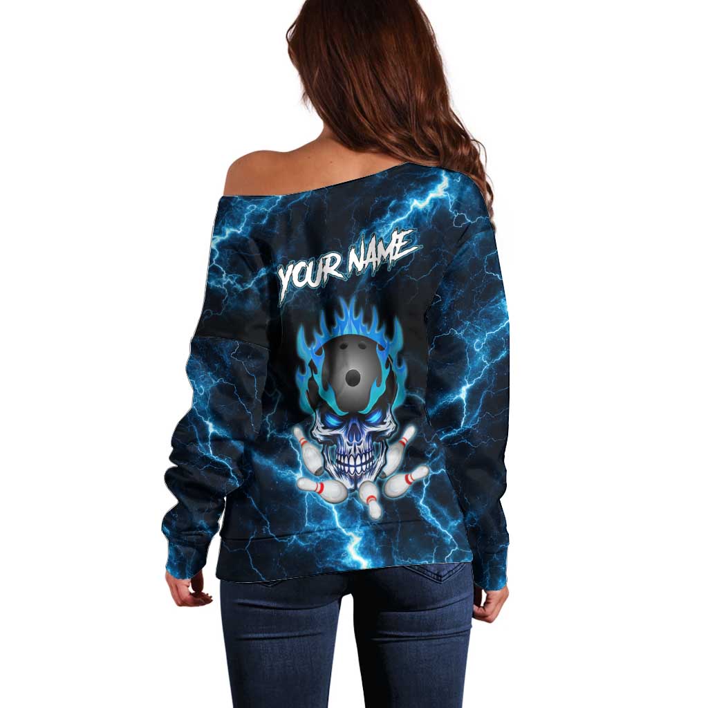 Personalized Bowling Skull Off Shoulder Sweater with Blue Flame Energy and Electric Lightning Strike Pattern - Wonder Print Shop