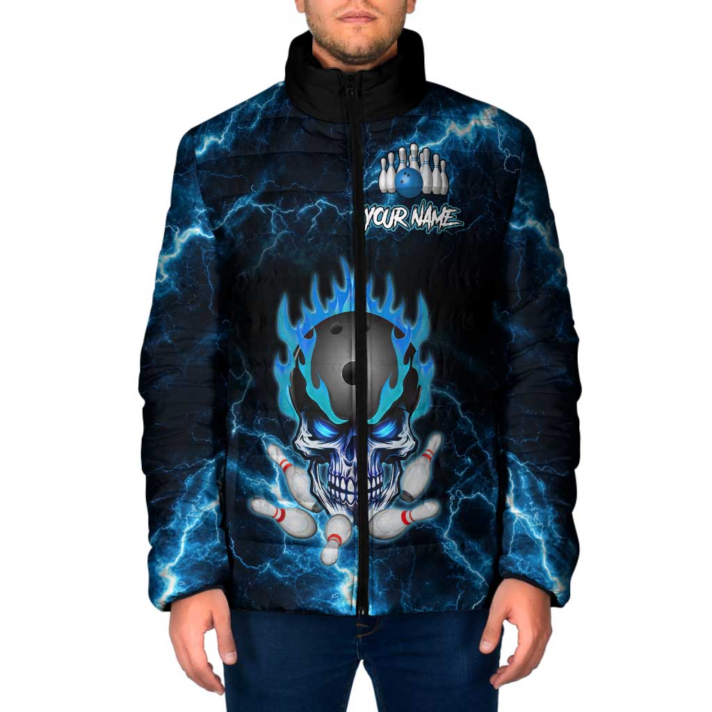 Personalized Bowling Skull Padded Jacket with Blue Flame Energy and Electric Lightning Strike Pattern - Wonder Print Shop