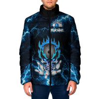 Personalized Bowling Skull Padded Jacket with Blue Flame Energy and Electric Lightning Strike Pattern - Wonder Print Shop