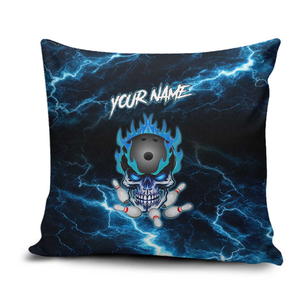 Personalized Bowling Skull Pillow Cover with Blue Flame Energy and Electric Lightning Strike Pattern - Wonder Print Shop