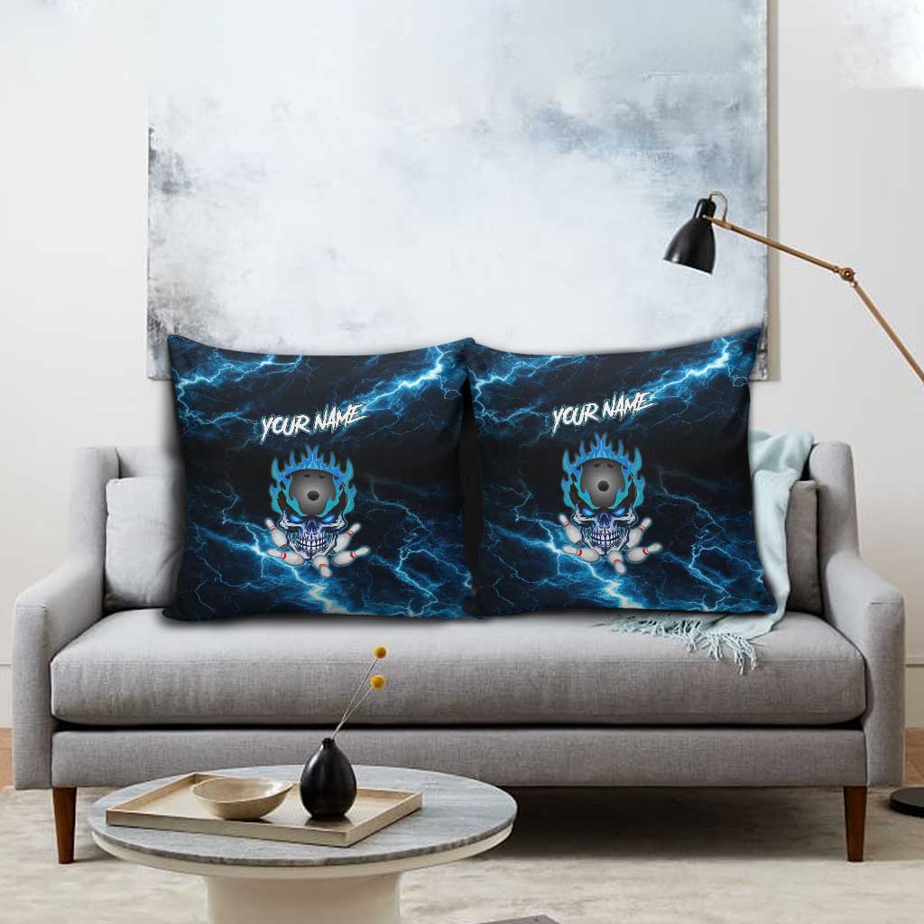 Personalized Bowling Skull Pillow Cover with Blue Flame Energy and Electric Lightning Strike Pattern - Wonder Print Shop