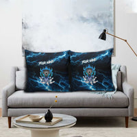 Personalized Bowling Skull Pillow Cover with Blue Flame Energy and Electric Lightning Strike Pattern - Wonder Print Shop