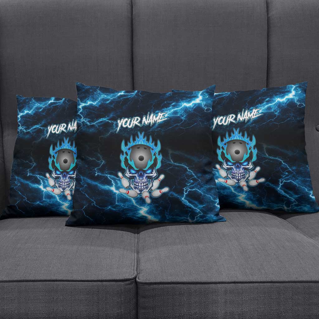 Personalized Bowling Skull Pillow Cover with Blue Flame Energy and Electric Lightning Strike Pattern - Wonder Print Shop
