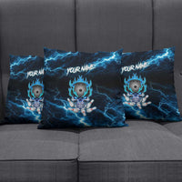 Personalized Bowling Skull Pillow Cover with Blue Flame Energy and Electric Lightning Strike Pattern - Wonder Print Shop