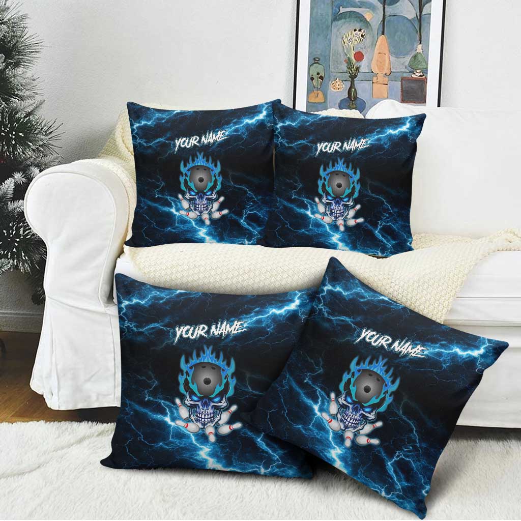 Personalized Bowling Skull Pillow Cover with Blue Flame Energy and Electric Lightning Strike Pattern - Wonder Print Shop