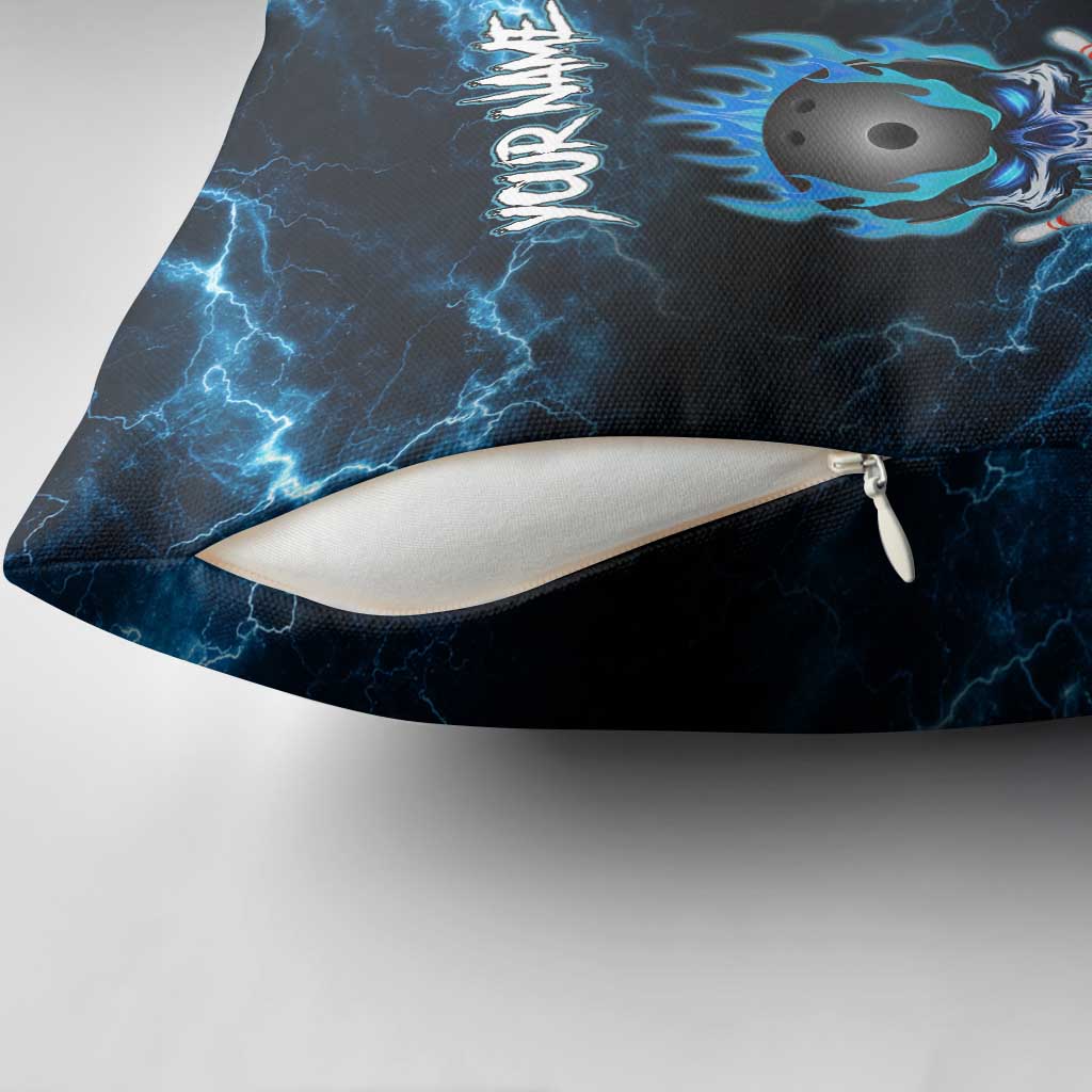 Personalized Bowling Skull Pillow Cover with Blue Flame Energy and Electric Lightning Strike Pattern - Wonder Print Shop