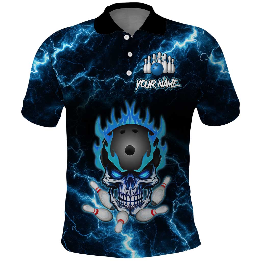 Personalized Bowling Skull Polo Shirt with Blue Flame Energy and Electric Lightning Strike Pattern - Wonder Print Shop