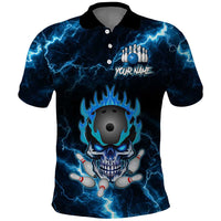 Personalized Bowling Skull Polo Shirt with Blue Flame Energy and Electric Lightning Strike Pattern - Wonder Print Shop