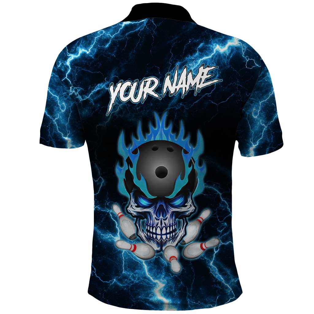 Personalized Bowling Skull Polo Shirt with Blue Flame Energy and Electric Lightning Strike Pattern - Wonder Print Shop