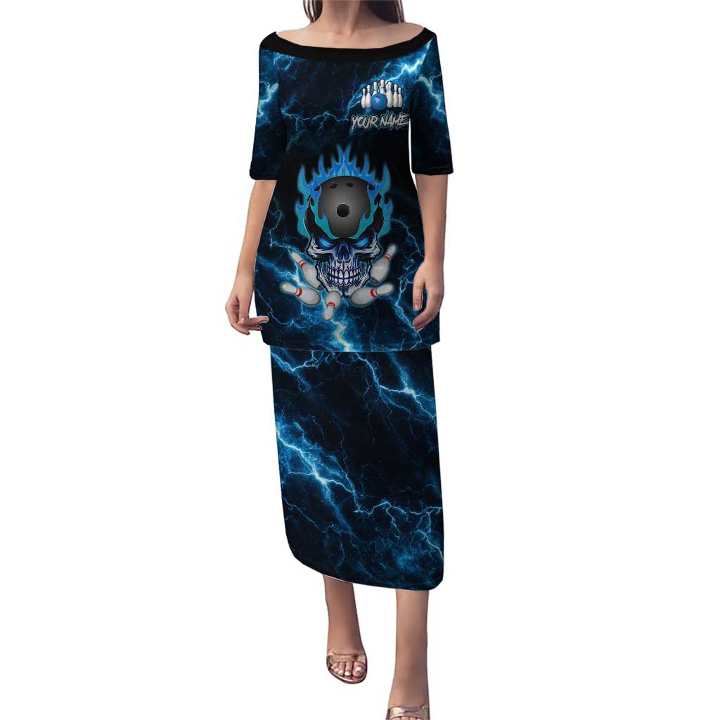 Personalized Bowling Skull Puletasi with Blue Flame Energy and Electric Lightning Strike Pattern - Wonder Print Shop