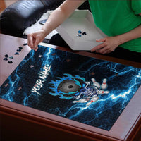 Personalized Bowling Skull Puzzle with Blue Flame Energy and Electric Lightning Strike Pattern - Wonder Print Shop