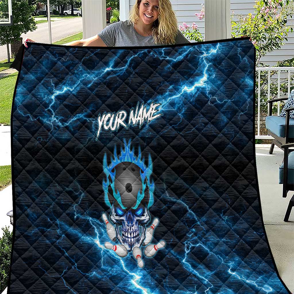 Personalized Bowling Skull Quilt with Blue Flame Energy and Electric Lightning Strike Pattern - Wonder Print Shop