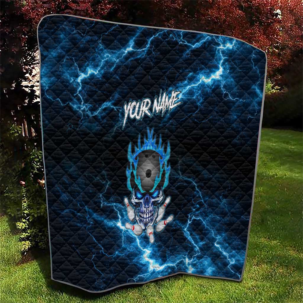 Personalized Bowling Skull Quilt with Blue Flame Energy and Electric Lightning Strike Pattern - Wonder Print Shop
