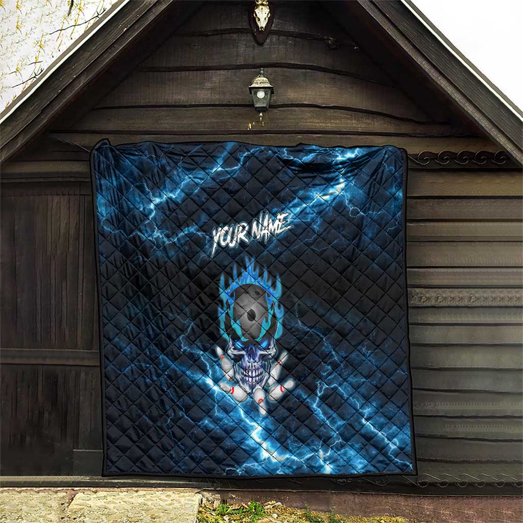 Personalized Bowling Skull Quilt with Blue Flame Energy and Electric Lightning Strike Pattern - Wonder Print Shop